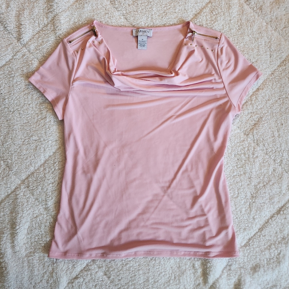 Women's Medium Carmen Marc Valvo Pink cowl neck short sleeve top With Gold Zip